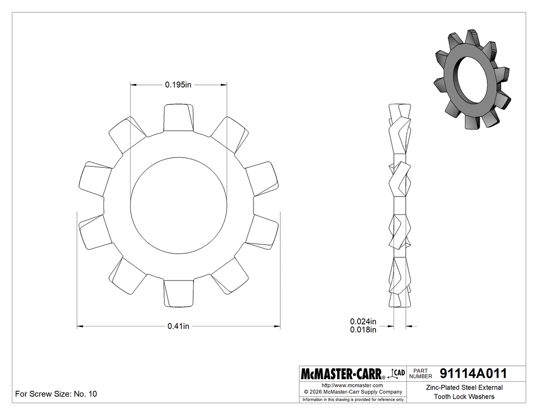 Technical Drawing of Zinc-Plated Steel External Tooth Lock Washers, for Number 10 Screw Size, 0.195" ID, 0.41" OD.